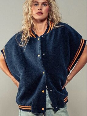 Game Day Oversized Teddy Sherpa Varsity Blokecore Jacket Navy Orange Snap Vest
